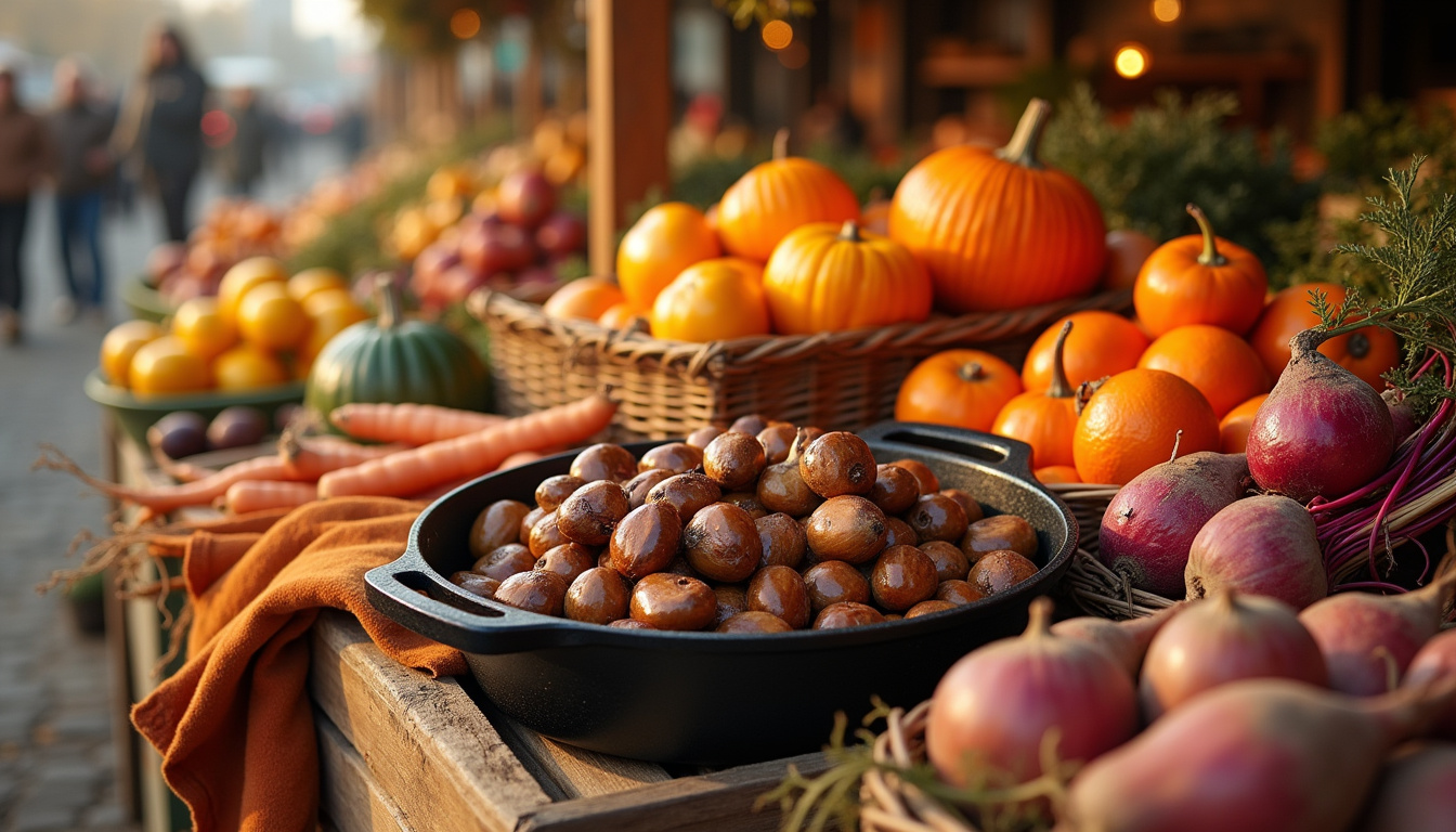 Marché d’automne tardif avec châtaignes grillées, citrouilles, clémentines et légumes racines