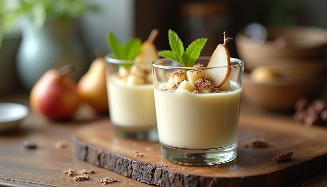 Mousse aux poires dans une verrine avec décoration de morceaux de poire fraîche et copeaux de chocolat