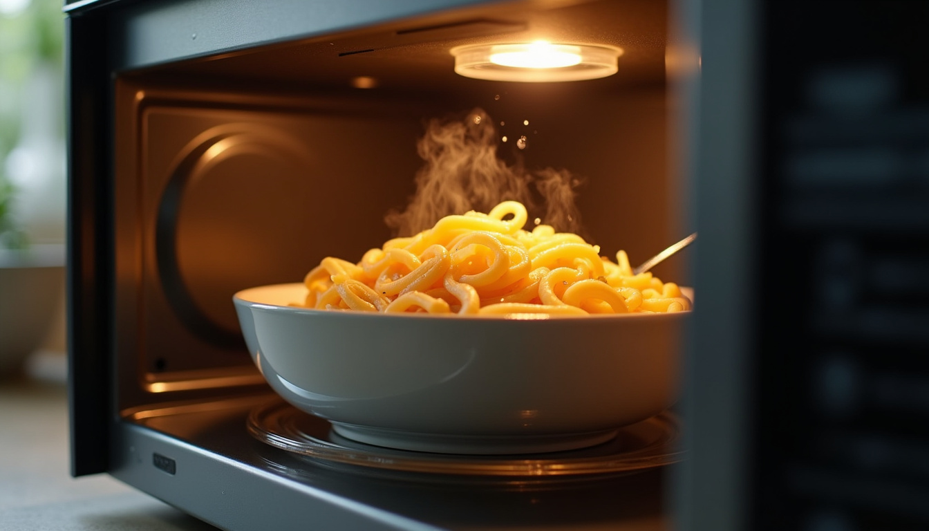 Pâtes en cours de réchauffage au micro-ondes avec ajout d