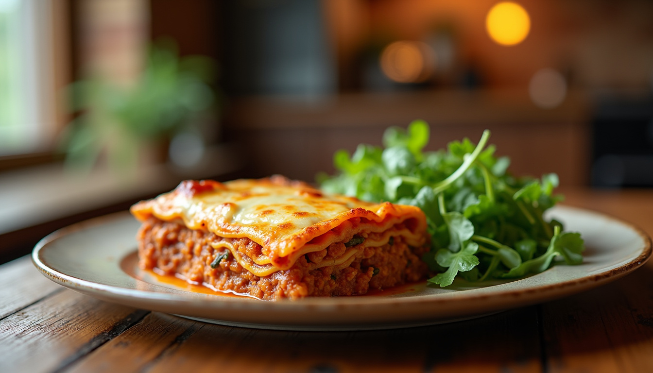 Plat de lasagnes servi avec une salade verte bien assaisonnée sur une table de salle à manger