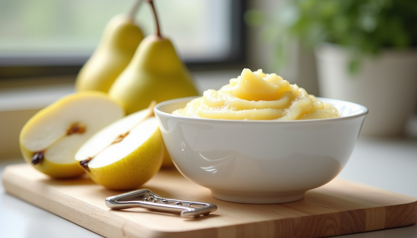 Préparation de la purée de poires à partir de fruits frais épluchés et mixés
