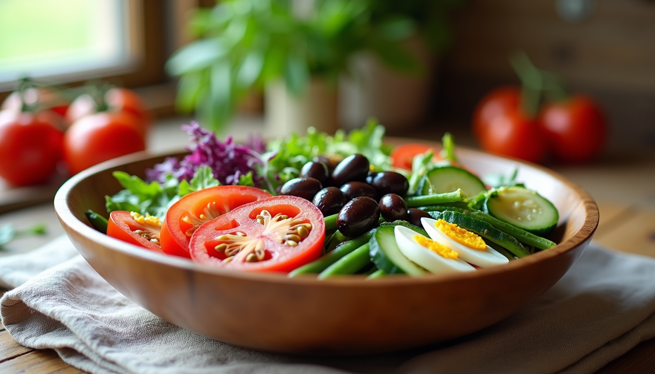 Préparation d'une salade composée dans un grand bol en bois