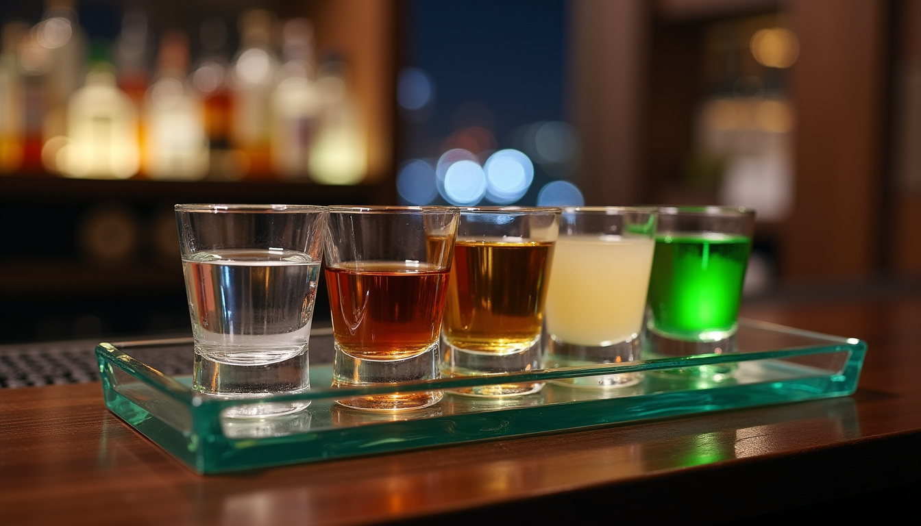 Présentation des alcools les plus utilisés pour préparer des shots: vodka, tequila, whisky, Baileys, Midori