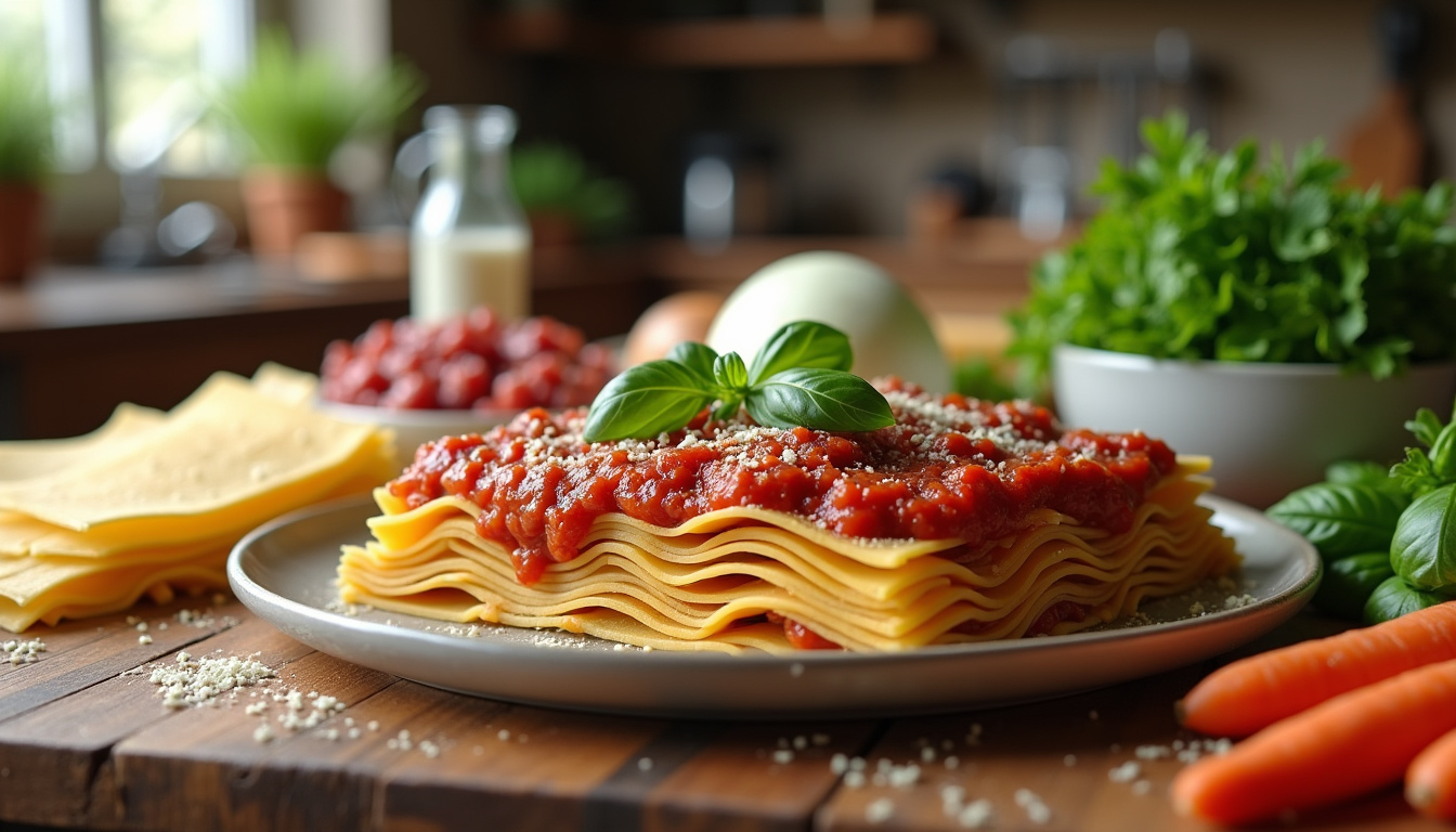 Présentation des ingrédients pour la recette de lasagnes à la bolognaise posés sur un plan de travail
