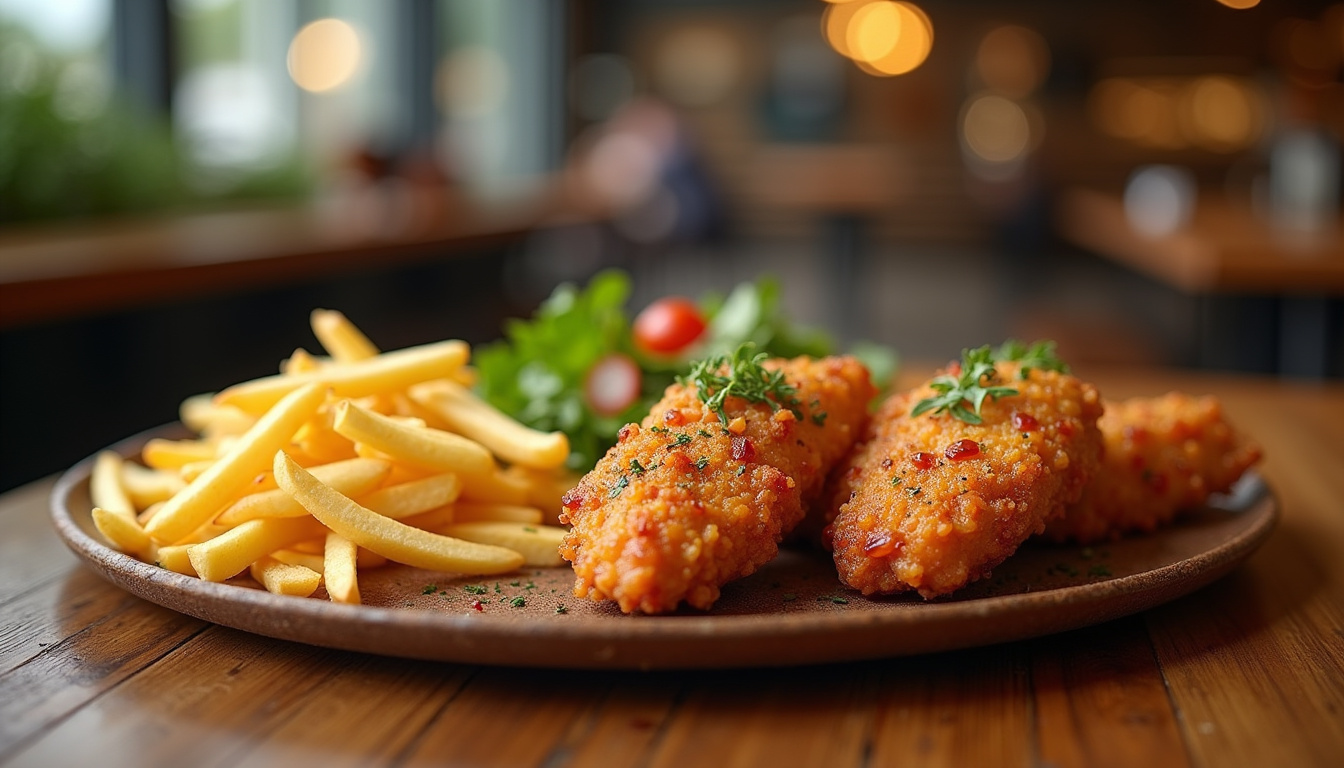 Présentation des trois versions de tenders: Yakitori, Rôti et Vegan, accompagnés de frites maison et salades