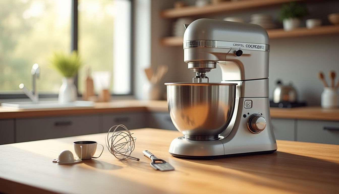 Robot Kenwood Cooking Chef sur un plan de travail en bois avec accessoires