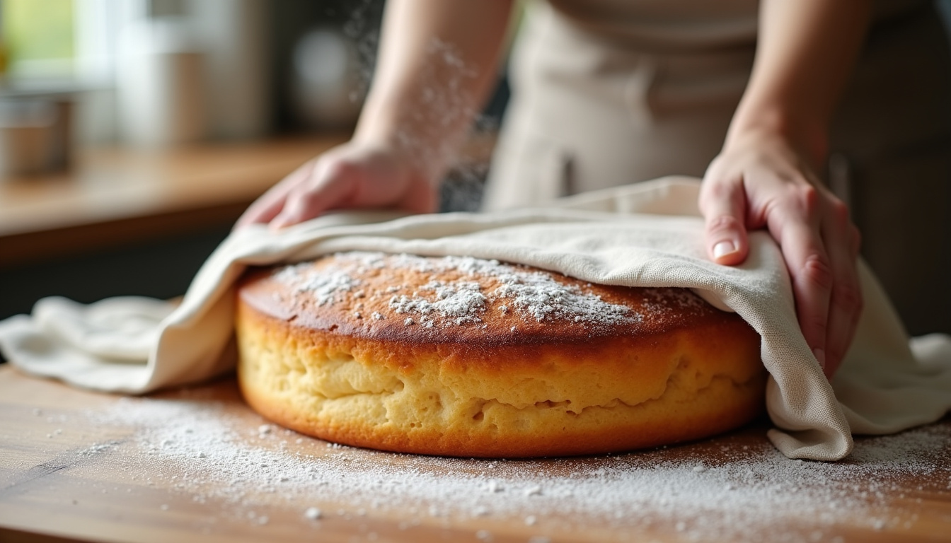 Roulage de génoise pour bûche avec un torchon humide