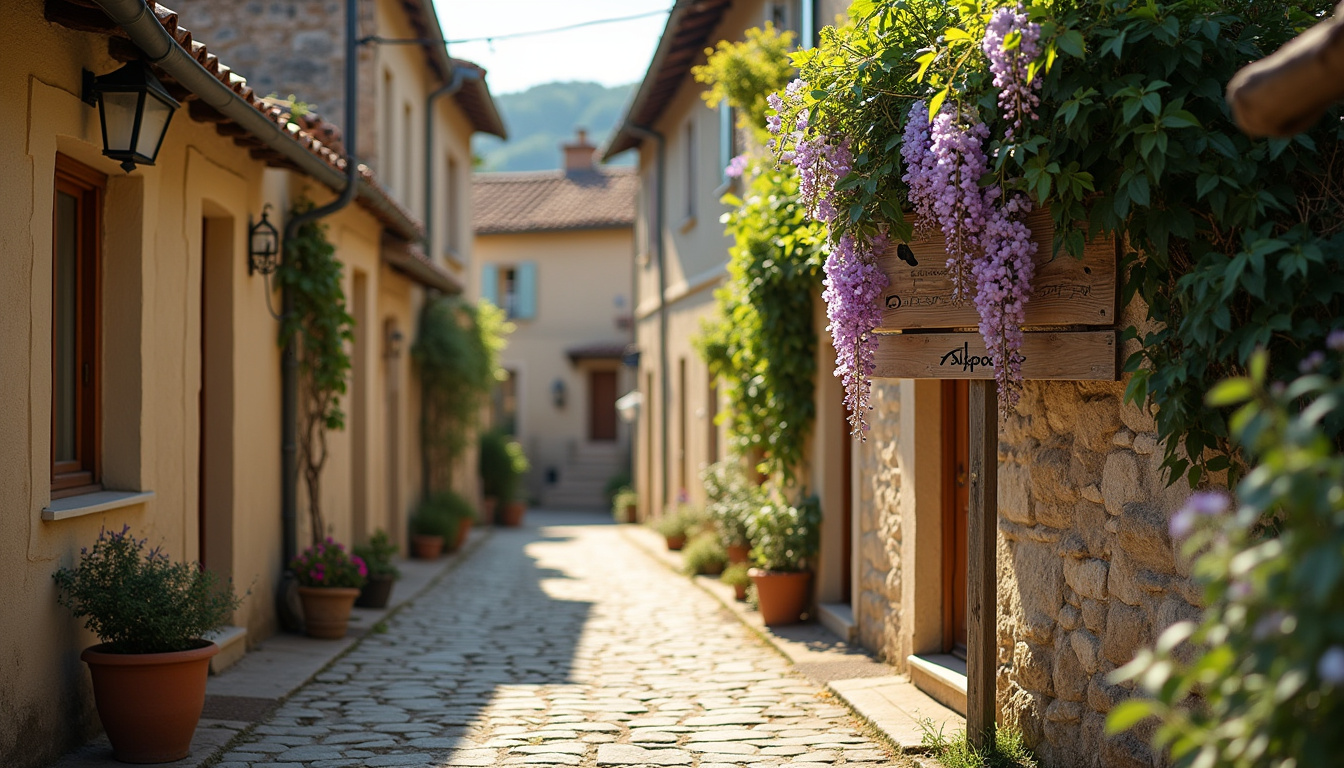 Rue typique du village de Saint-Agrève avec maisons en pierre et panneau indicateur