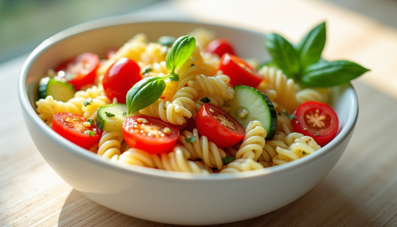 Salade de pâtes aux légumes frais avec vinaigrette maison