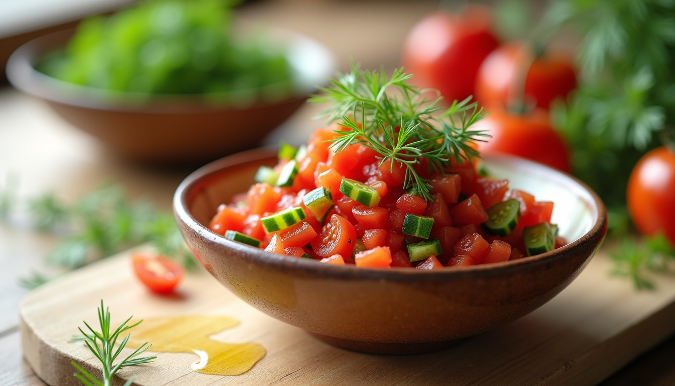 Tartare de tomates et concombre frais dans un bol en céramique