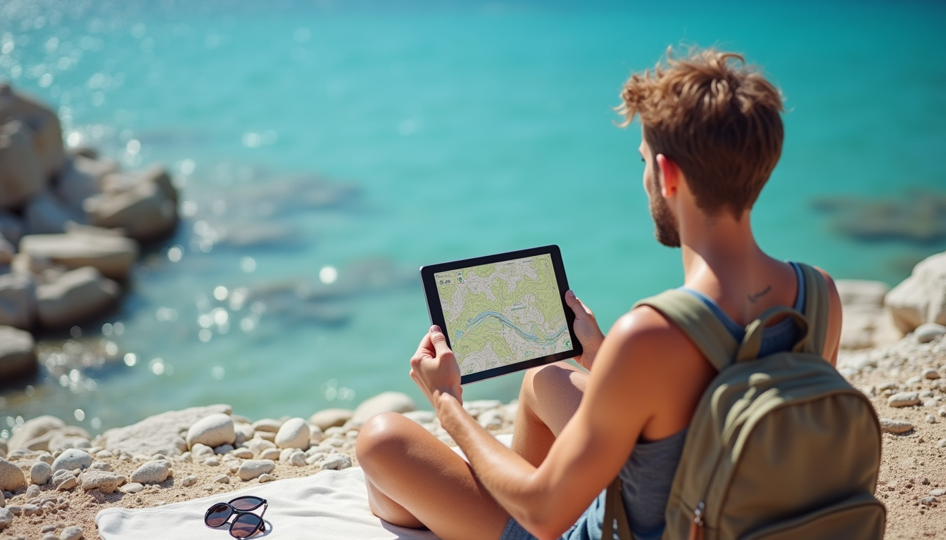 Touriste utilisant une tablette pour consulter une carte hors ligne sur une plage de galets en Grèce