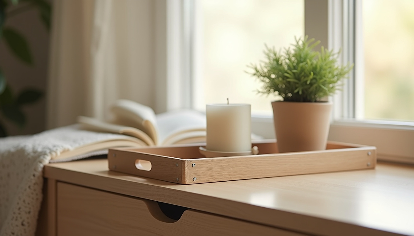 Utilisation d’un plateau en bois pour décorer une commode avec une plante, une bougie et un livre