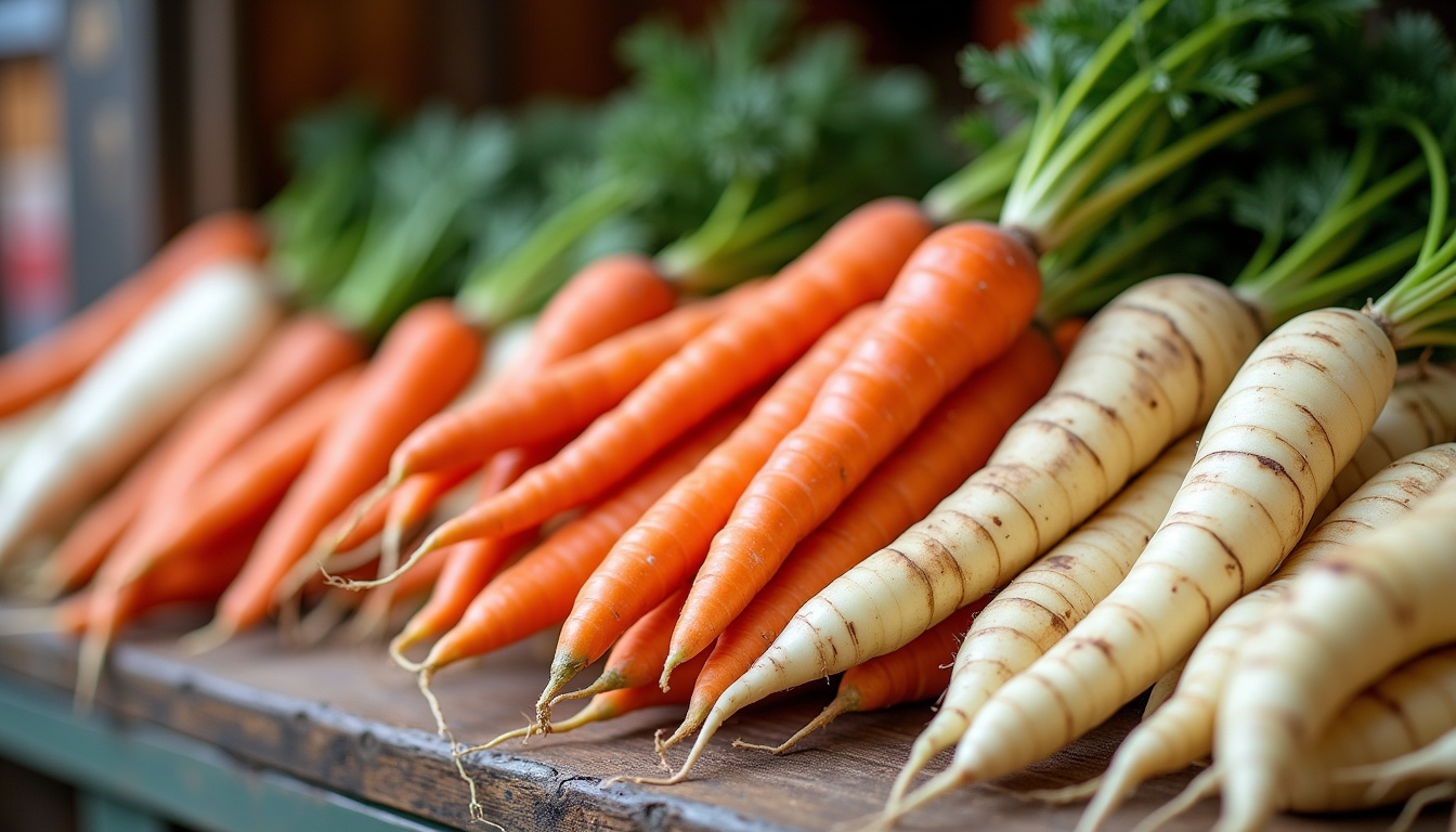 Variété de légumes-racines comme carottes, navets et panais disposés sur un étal en bois