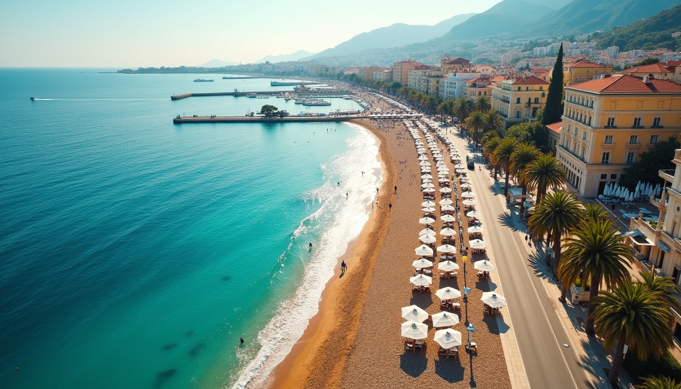 Vue aérienne de la Plage Beau Rivage à Nice avec la Promenade des Anglais en arrière-plan