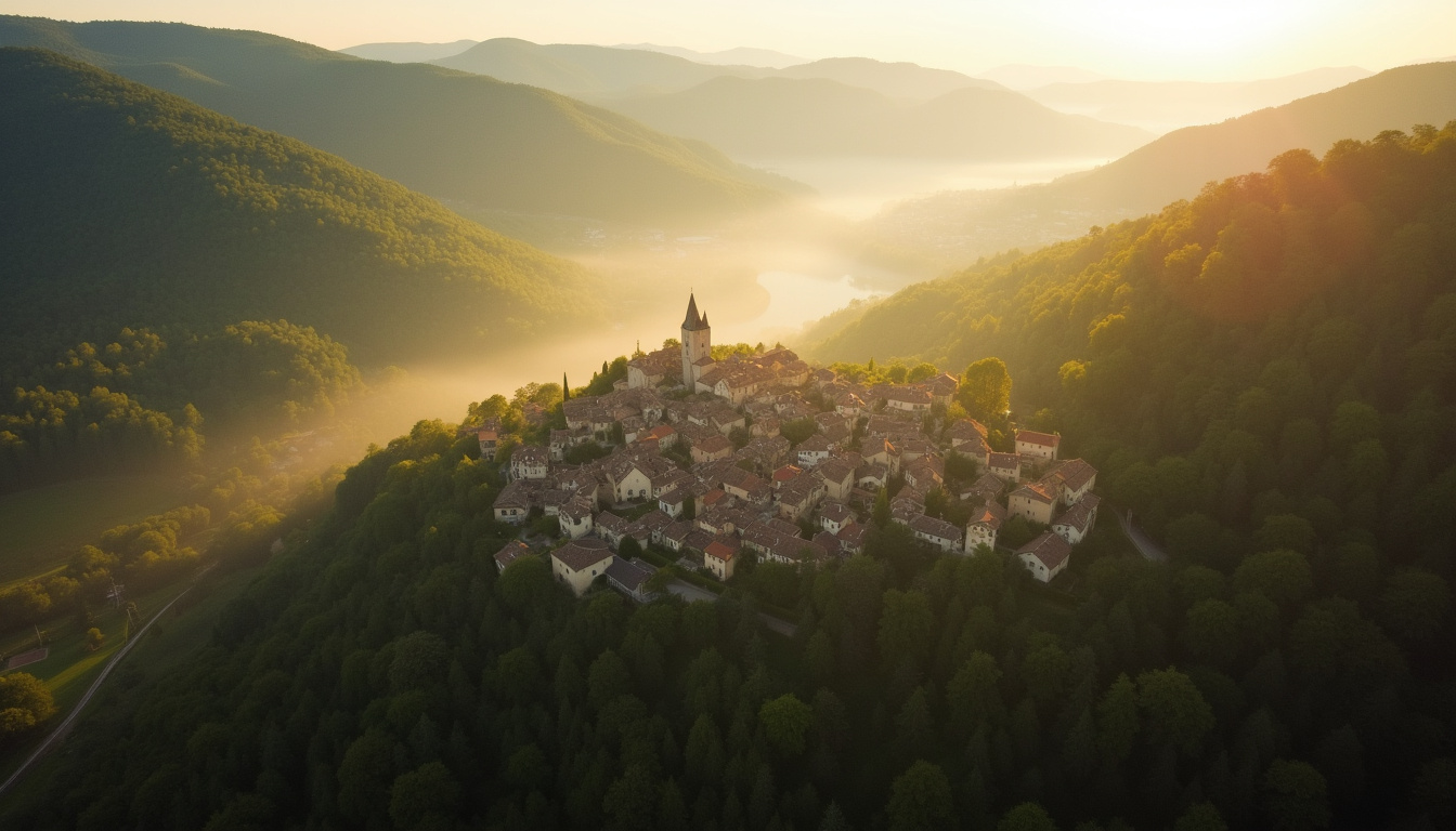 Vue aérienne du village de Saint-Agrève entouré de montagnes et de forêts en Ardèche