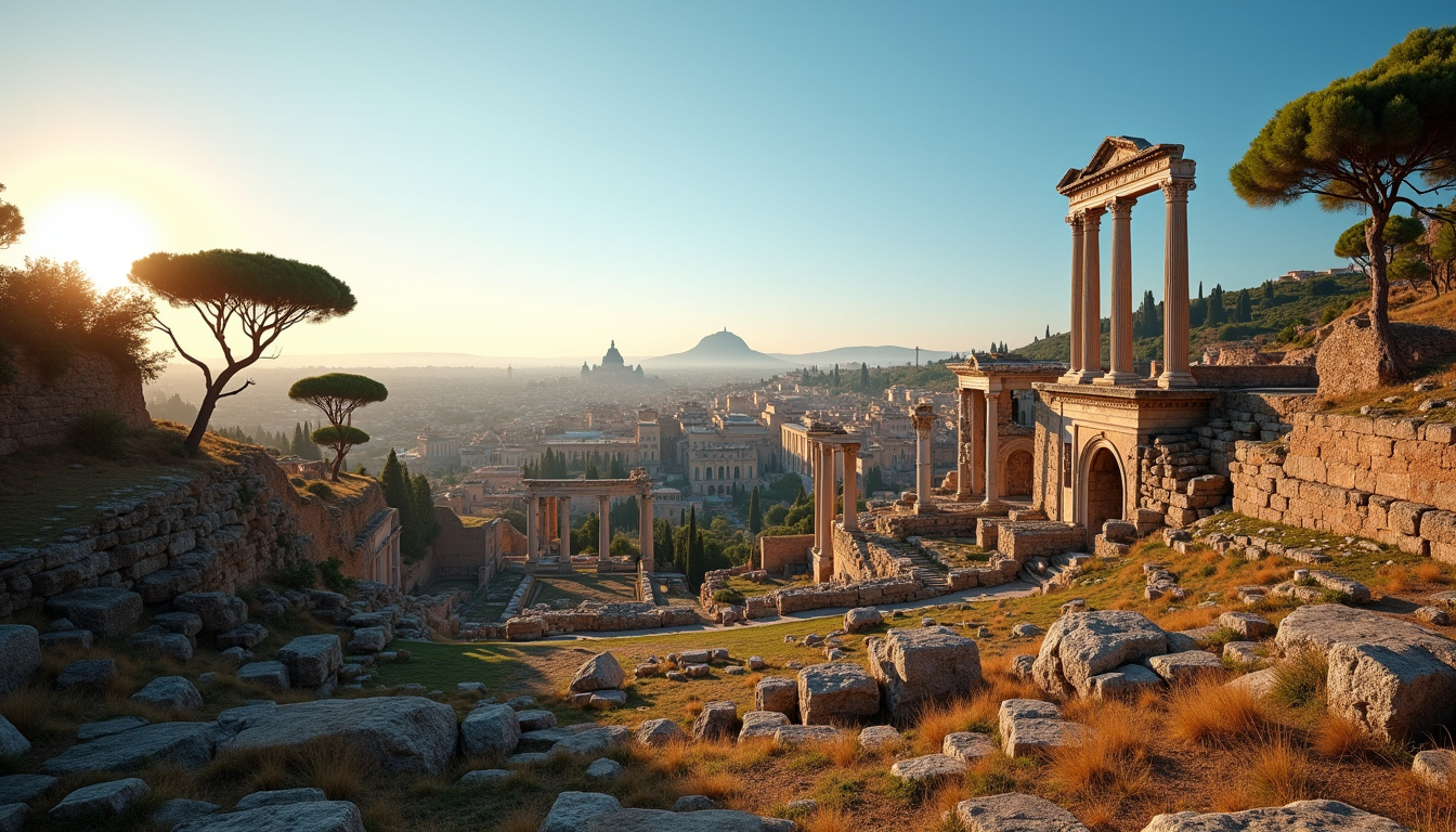 Vue panoramique depuis le Mont Palatin sur le Forum Romain, avec colonnes antiques et ciel bleu