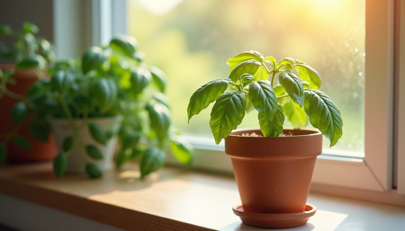 Basilic en pot sur un rebord de fenêtre en cuisine, avec arrosage ponctuel