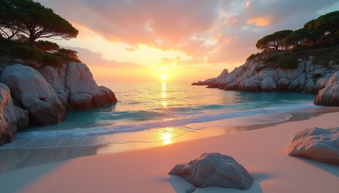 Coucher de soleil sur la plage de Stagnola avec rochers, pins maritimes et eau transparente