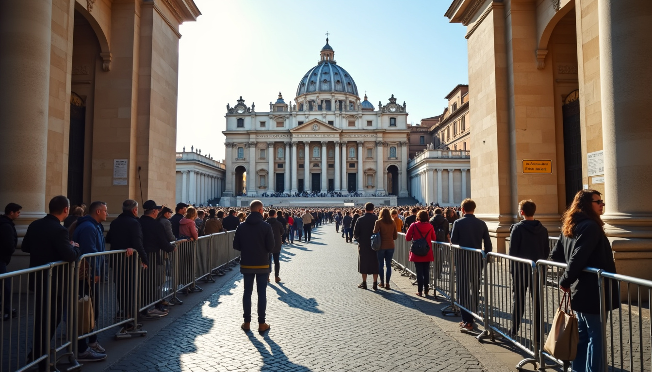 Entrée principale des musées du Vatican sur la Viale Vaticano, avec file d’attente et contrôle de sécurité