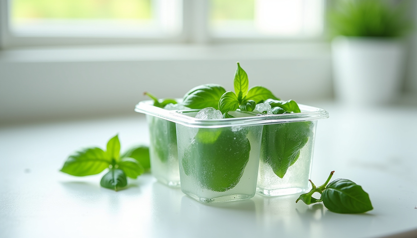 Feuilles de basilic congelées dans un bac à glaçons avec de l'eau, prêtes à être utilisées en cuisine