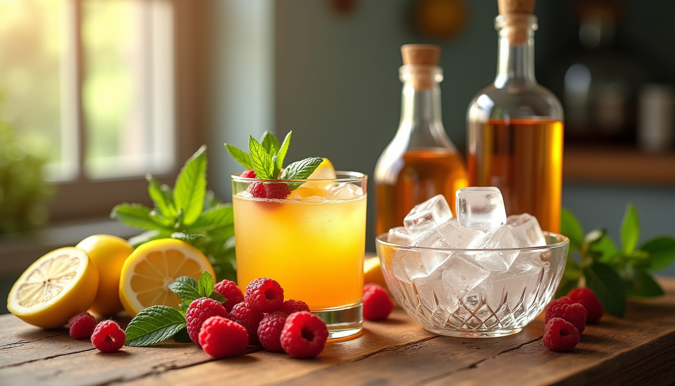 Ingrédients frais pour cocktails maison: citrons, menthe, framboises, glaçons et bouteilles d'alcool sur un plan de travail