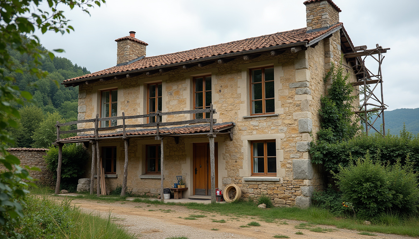 Maison en pierre à Thueyts en cours de rénovation avec façade ancienne et toiture en travaux