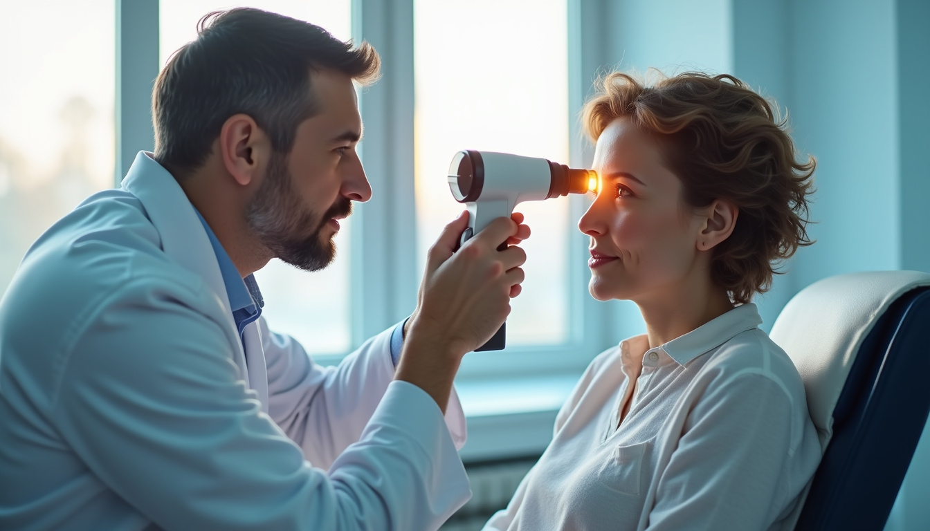 Médecin ORL en train d’examiner un patient avec un otoscope