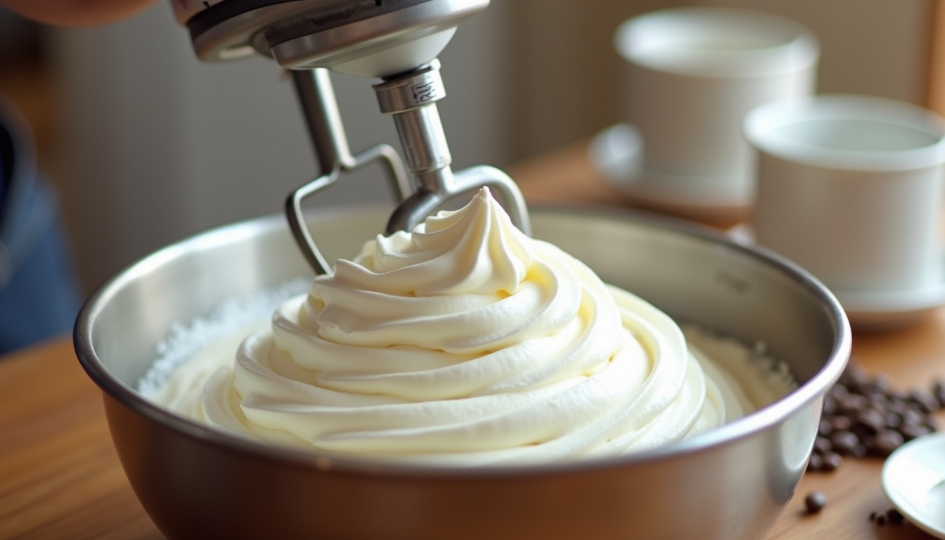 Montage des blancs en neige pour une mousse au café, avec un fouet électrique et un saladier en inox