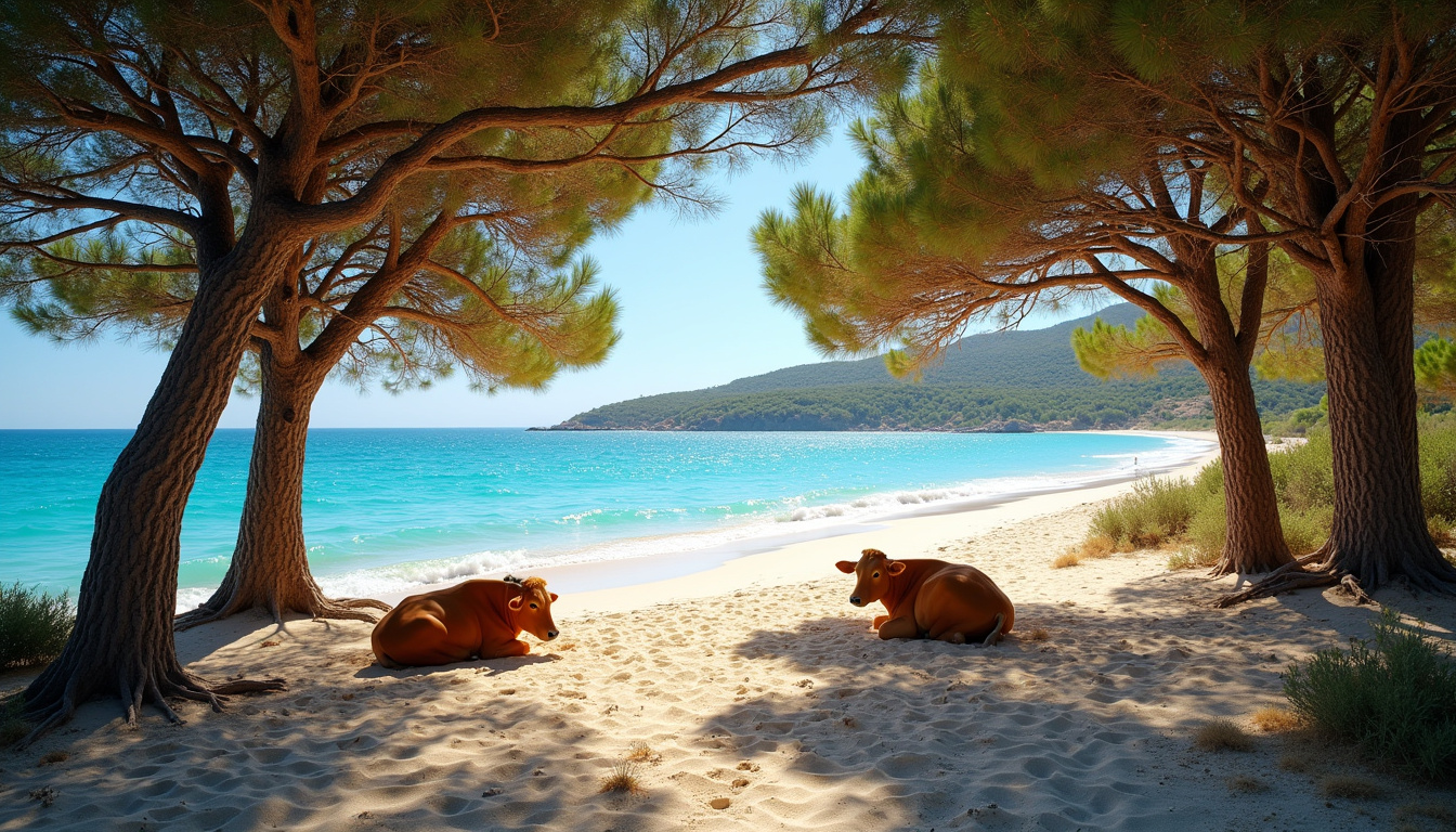 Plage de Mare e Sole en Corse avec sable blanc, eau turquoise et vaches sous les pins