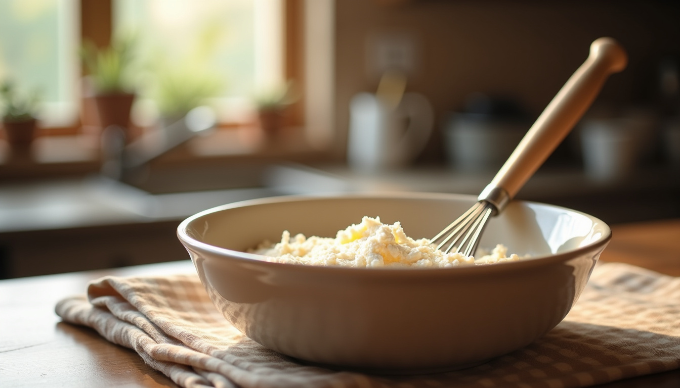 Préparation de la pâte à crêpes traditionnelle dans un saladier avec un fouet