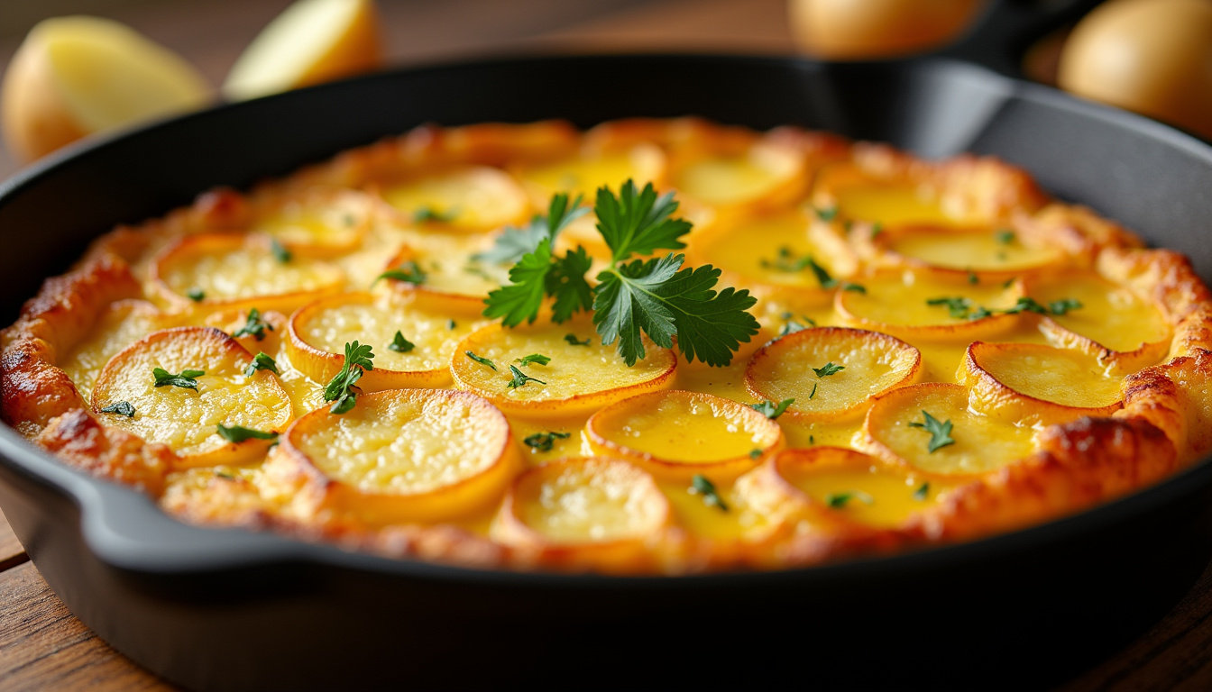 Préparation de la tortilla espagnole dans une poêle avec œufs et pommes de terre