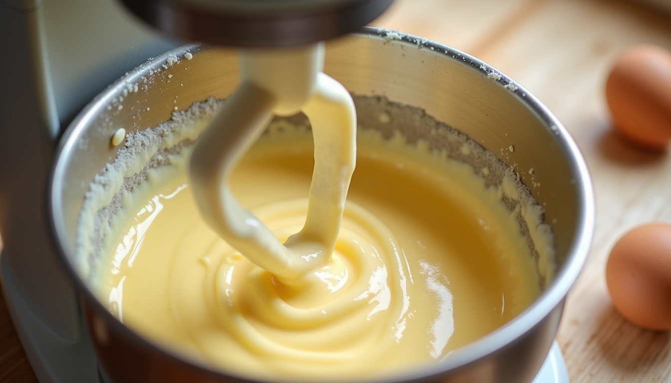 Préparation de pâte à crêpes dans un Thermomix avec les ingrédients versés dans le bol
