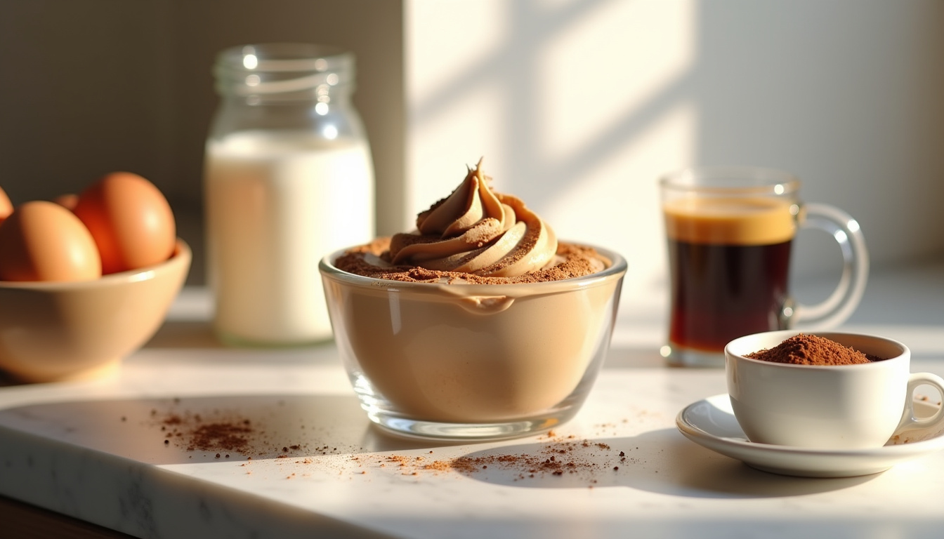 Préparation des ingrédients pour une mousse au café maison: œufs, crème liquide, café expresso et sucre en poudre