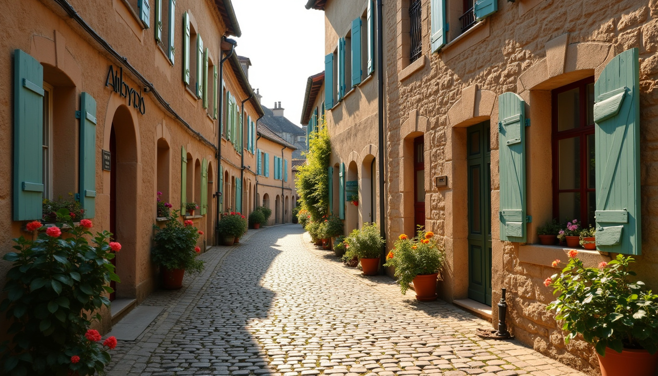 Rue pavée dans le centre historique de Thueyts avec maisons en pierre et volets colorés