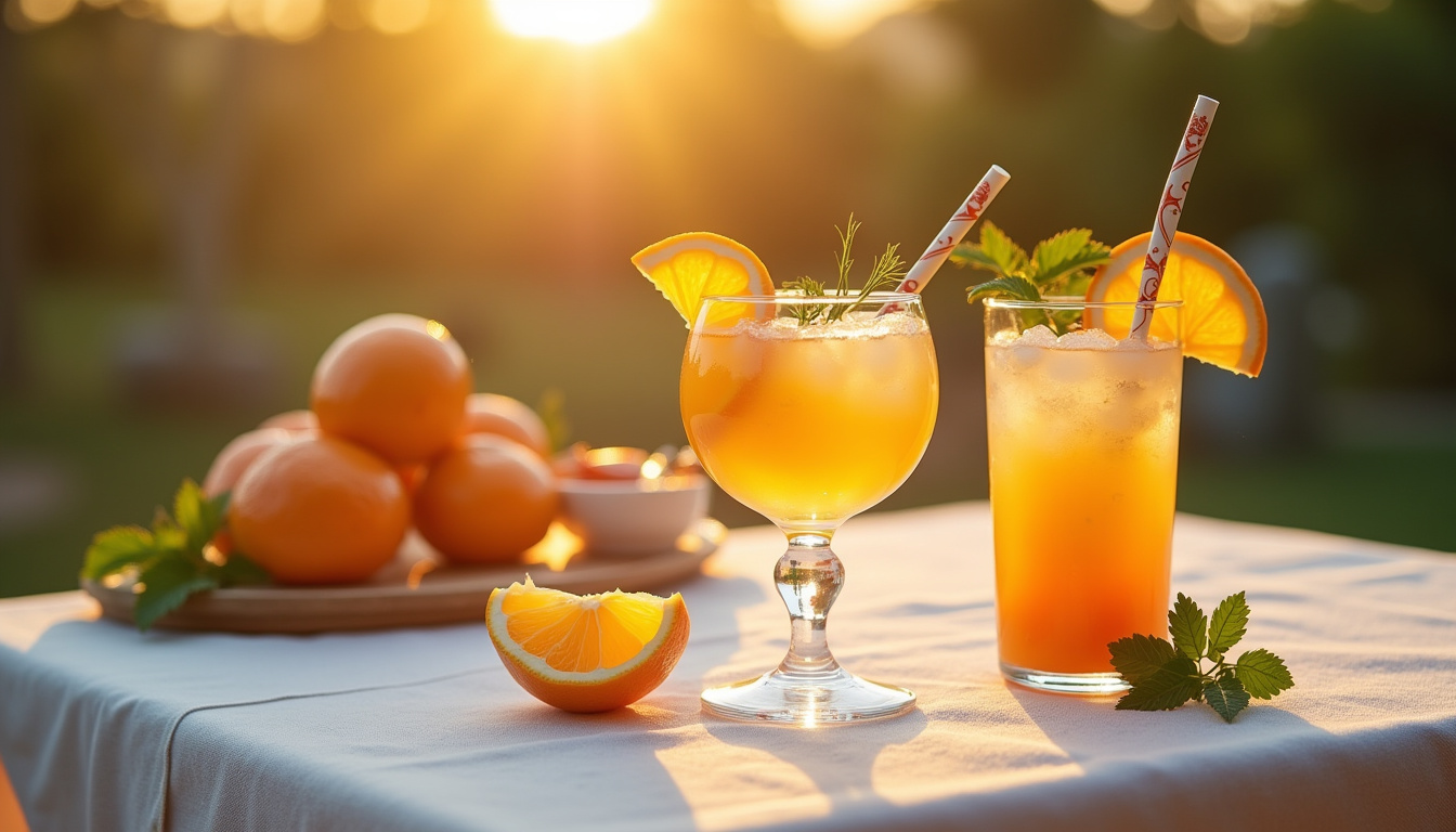 Table dressée avec cocktails maison, verres à pied, pailles et rondelles d'agrumes posés sur une nappe claire