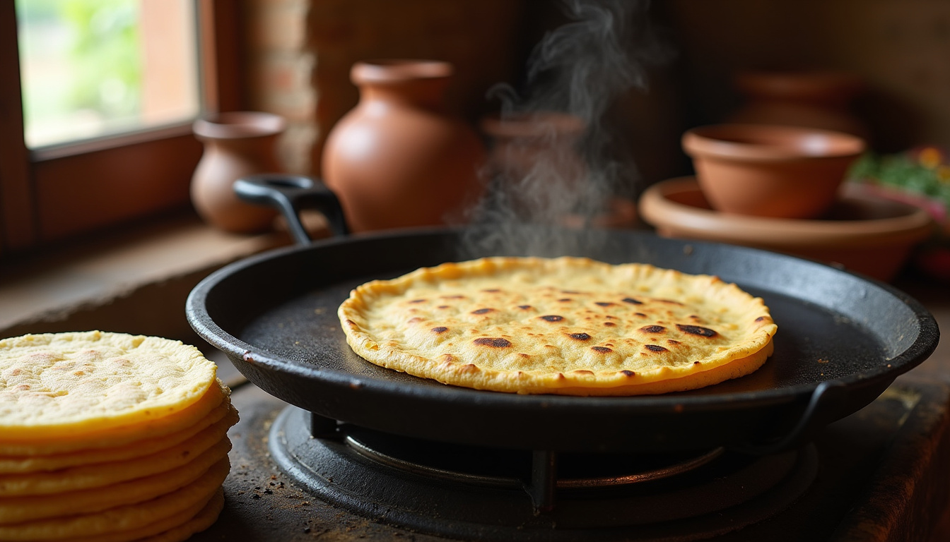 Tortillas mexicaines en train de cuire sur un comal en fer