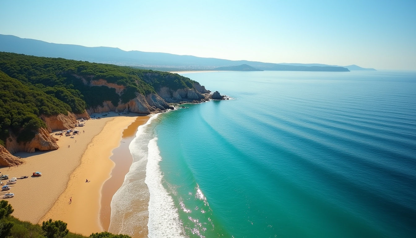 Vue aérienne de la plage de Porticcio avec sable doré, eau turquoise et vue sur Ajaccio au loin