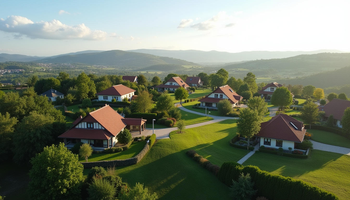 Vue aérienne du quartier de Charalon Argevillere à Privas, montrant des maisons avec grands jardins et vue sur les collines environnantes