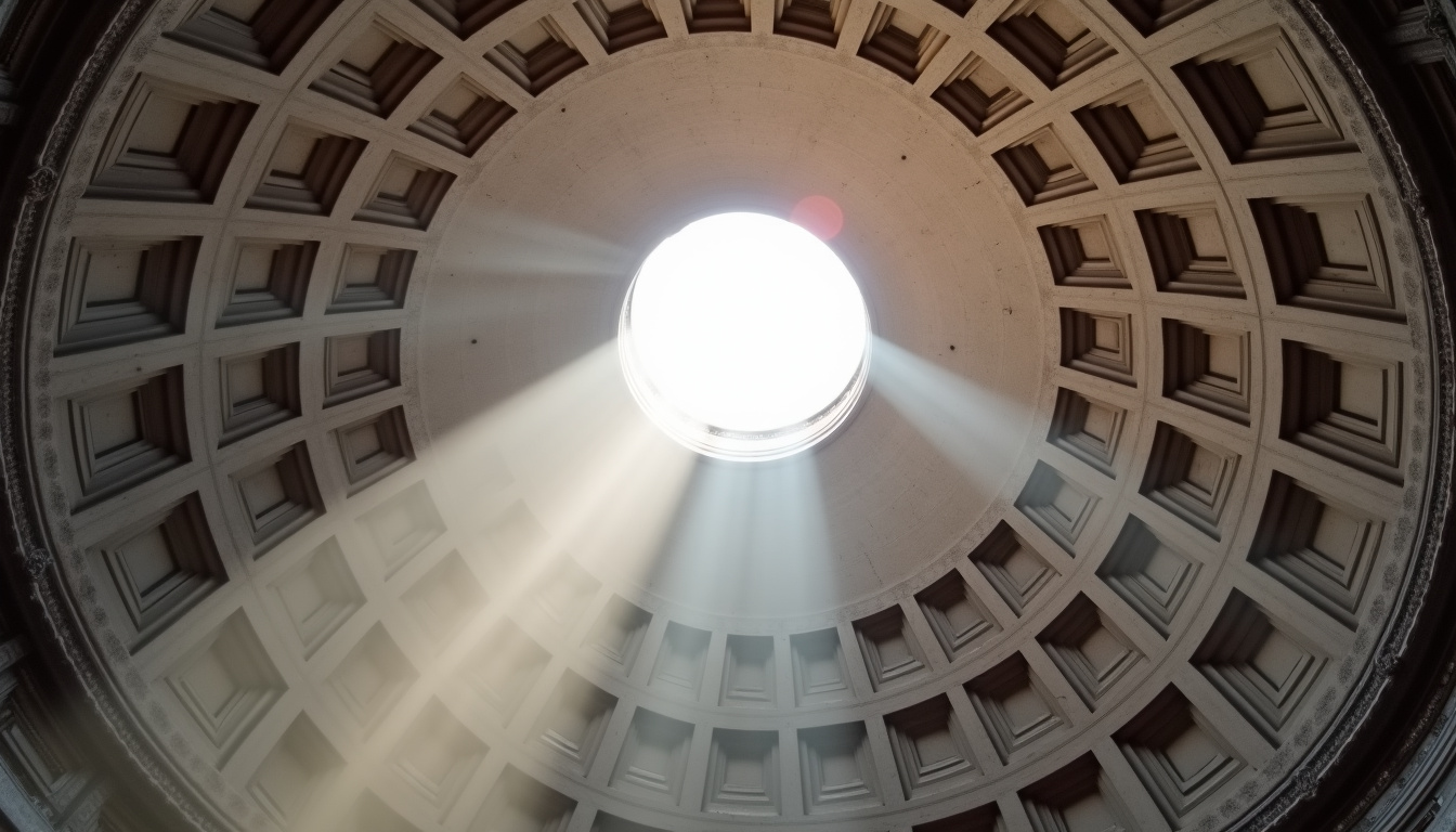 Vue depuis l'intérieur du Panthéon vers l’oculus au sommet de la coupole