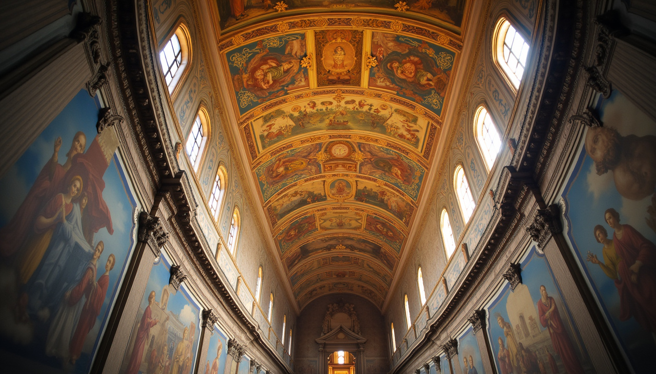Vue rapprochée de la voûte de la chapelle Sixtine avec les fresques de la Genèse