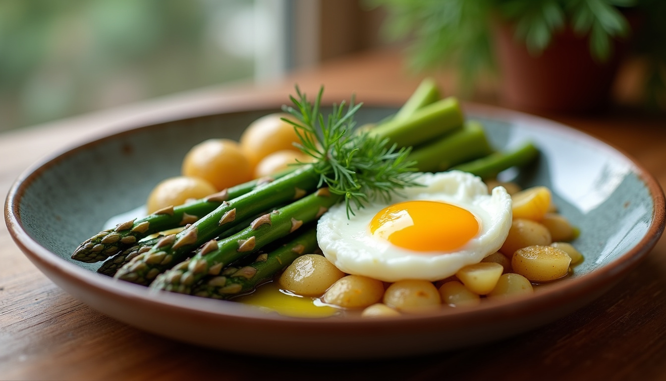 Asperges vertes accompagnées d’un œuf poché et de pommes de terre nouvelles