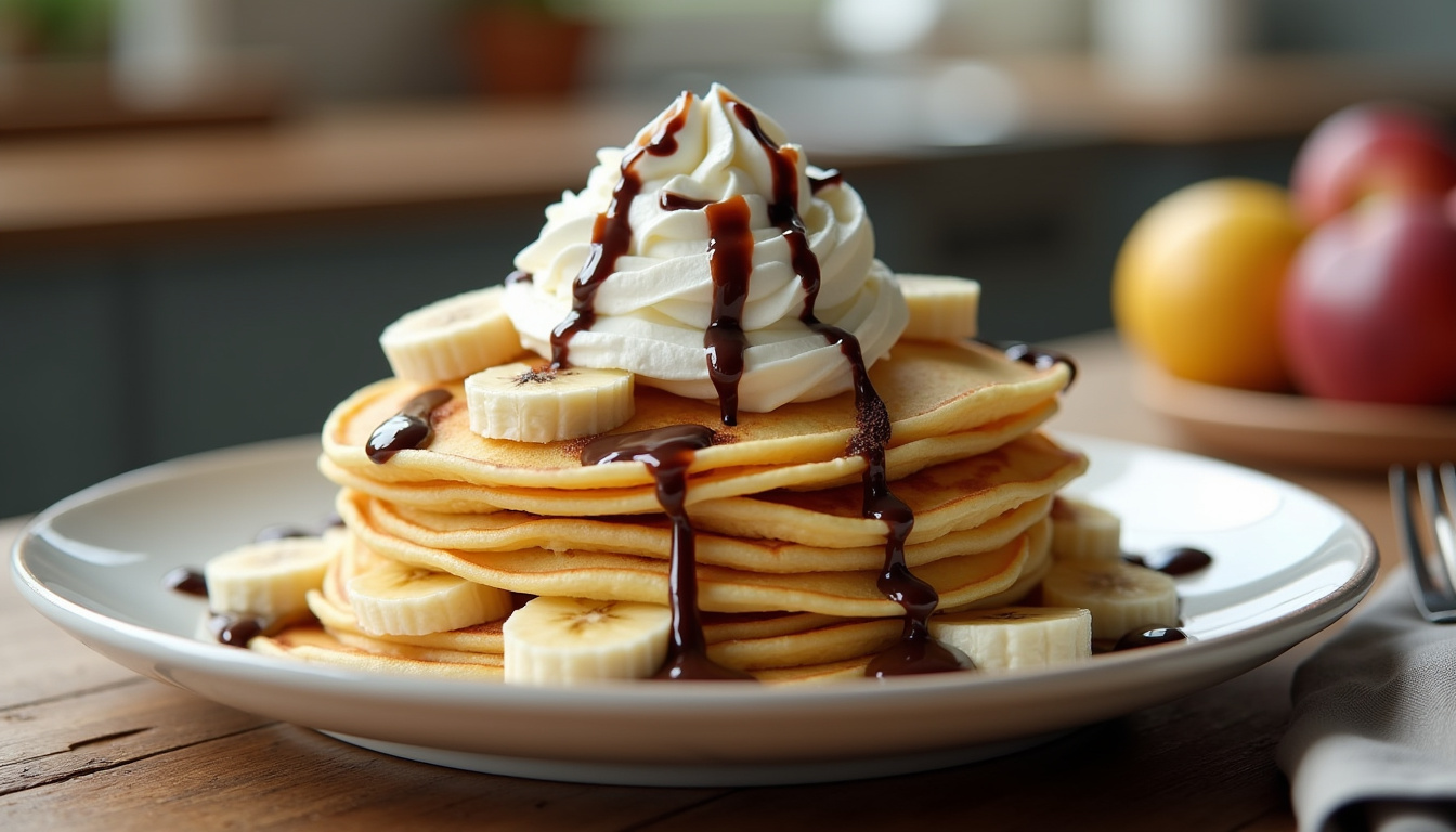 Assiette de crêpes sucrées garnies de banane, chocolat fondu et chantilly