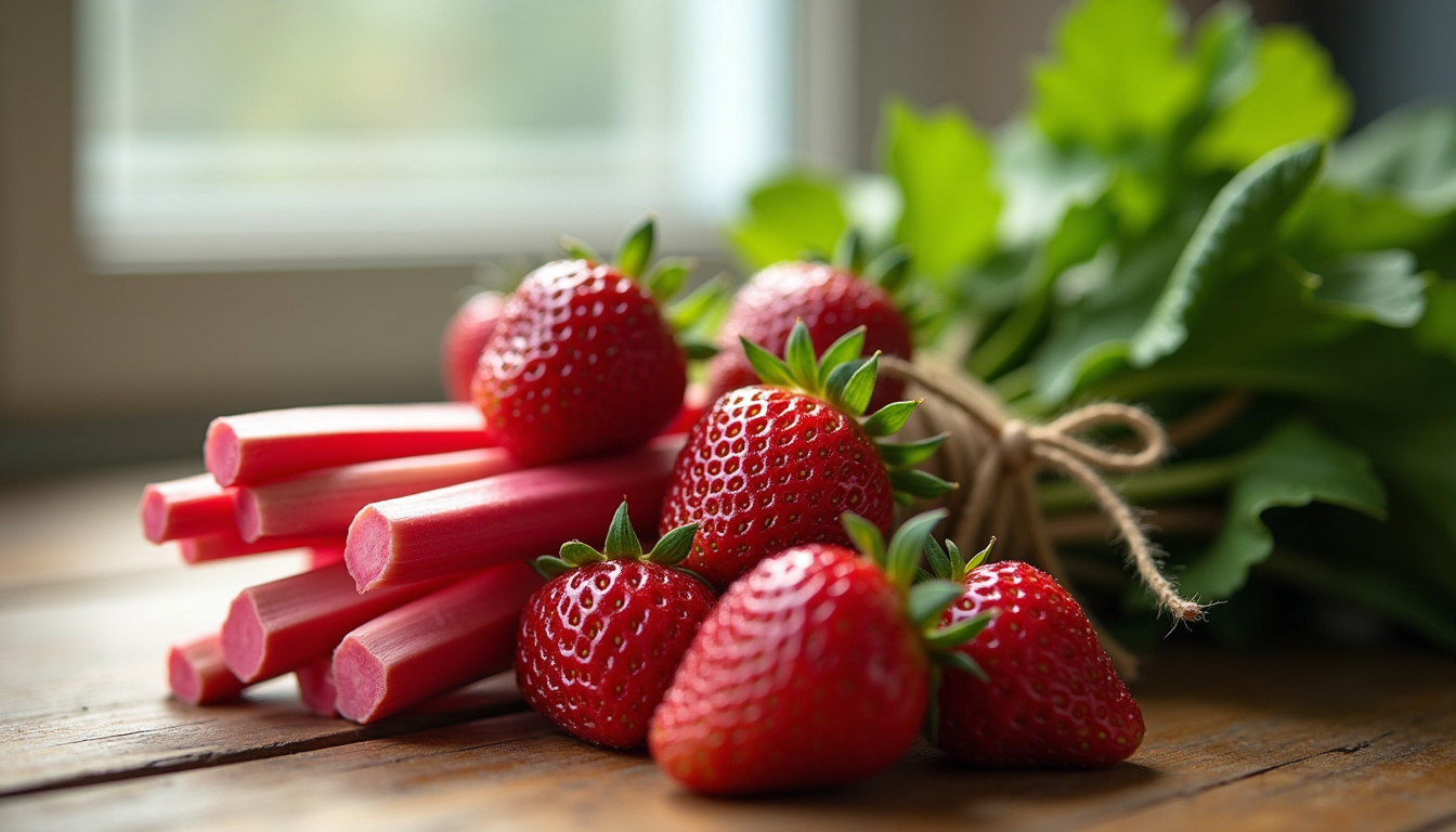 Bouquet de rhubarbe et fraises fraîches posés sur une table en bois