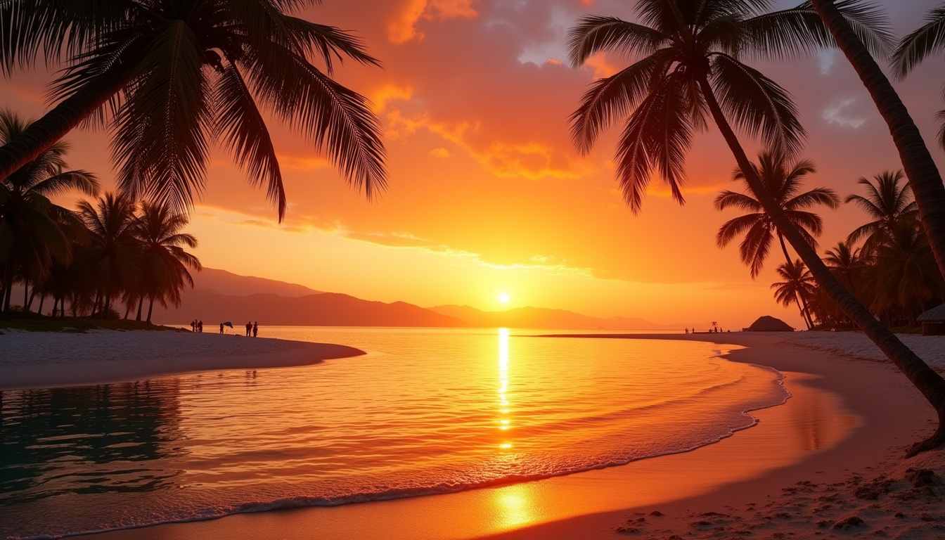 Coucher de soleil spectaculaire sur la plage de La Saline avec ciel orangé et reflets sur le lagon