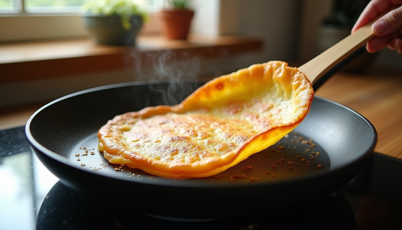 Cuisson de crêpes dans une poêle antiadhésive avec une spatule