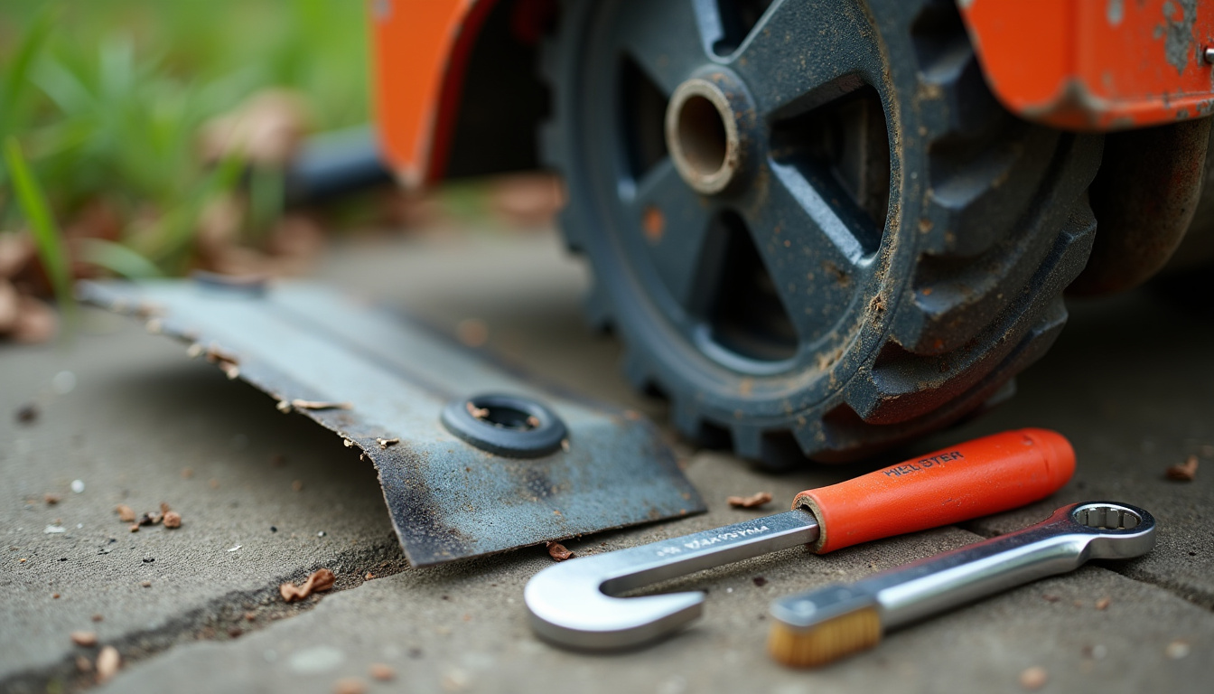 Entretien des lames d'un broyeur de végétaux avec outils et pièce de rechange