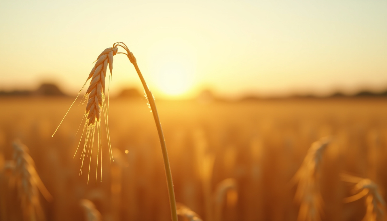 Épi d'avoine doré dans un champ au lever du soleil, avec un ciel bleu pâle en arrière-plan