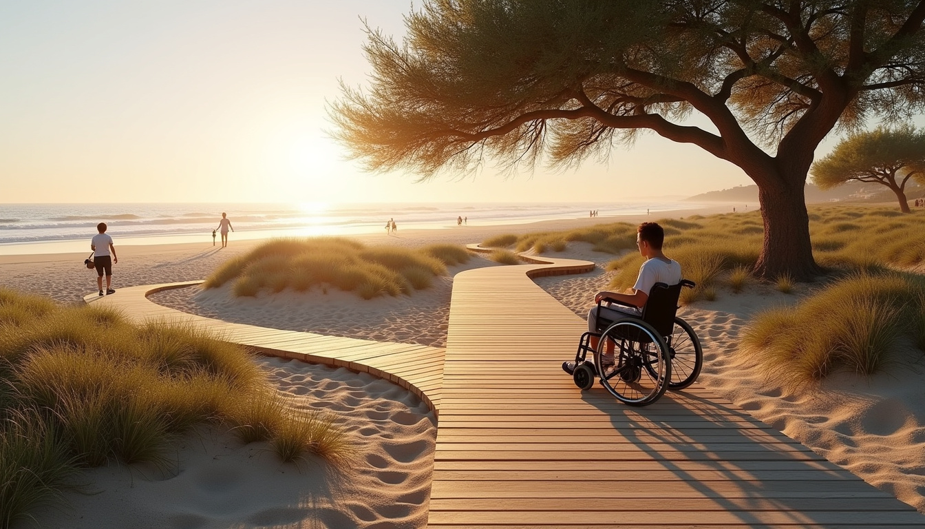 Espaces aménagés avec filaos et zones accessibles pour personnes à mobilité réduite sur la plage de La Saline