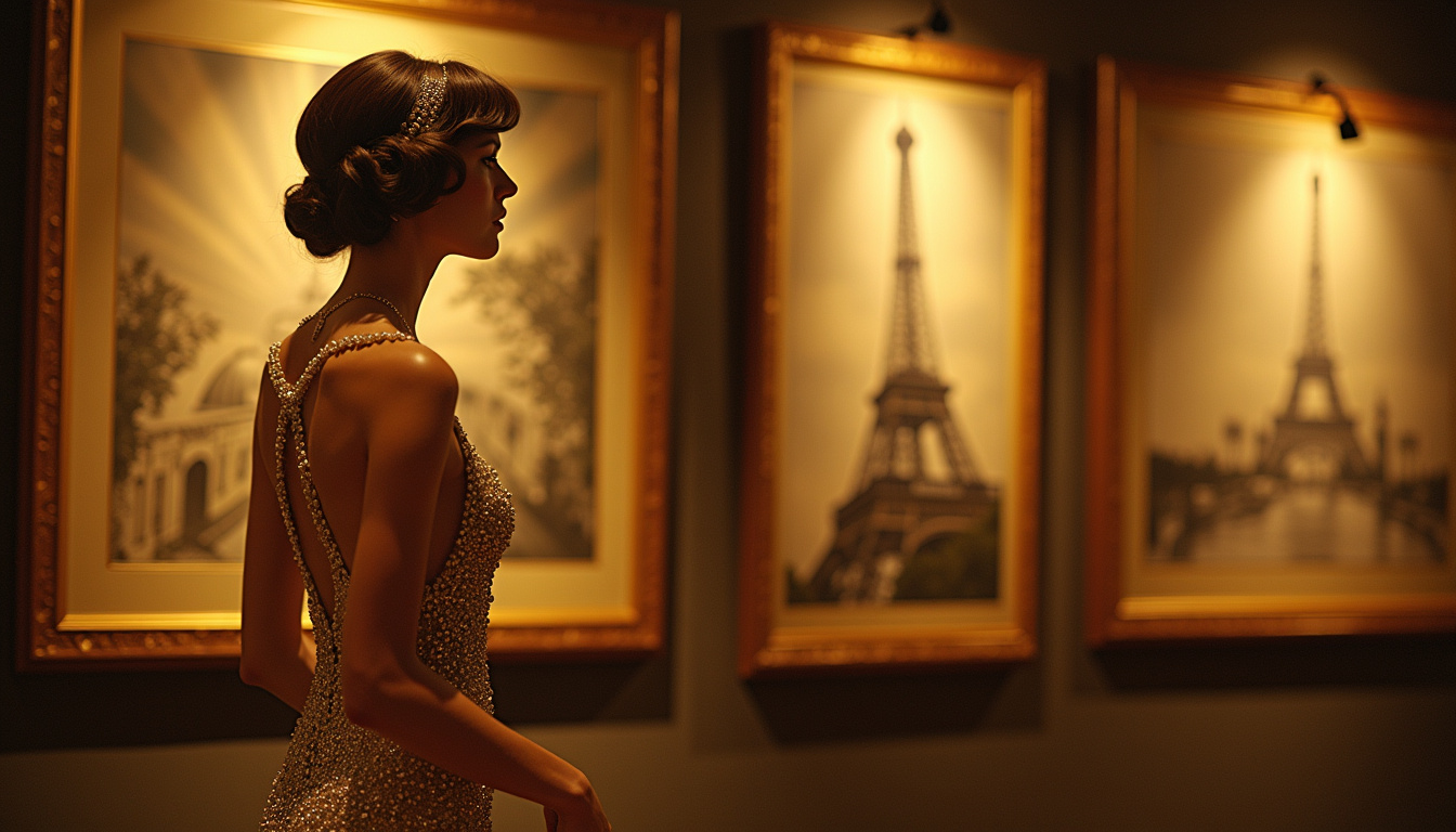 Exposition montrant des photographies et illustrations des années folles mettant en valeur la perle dans la mode et l’art