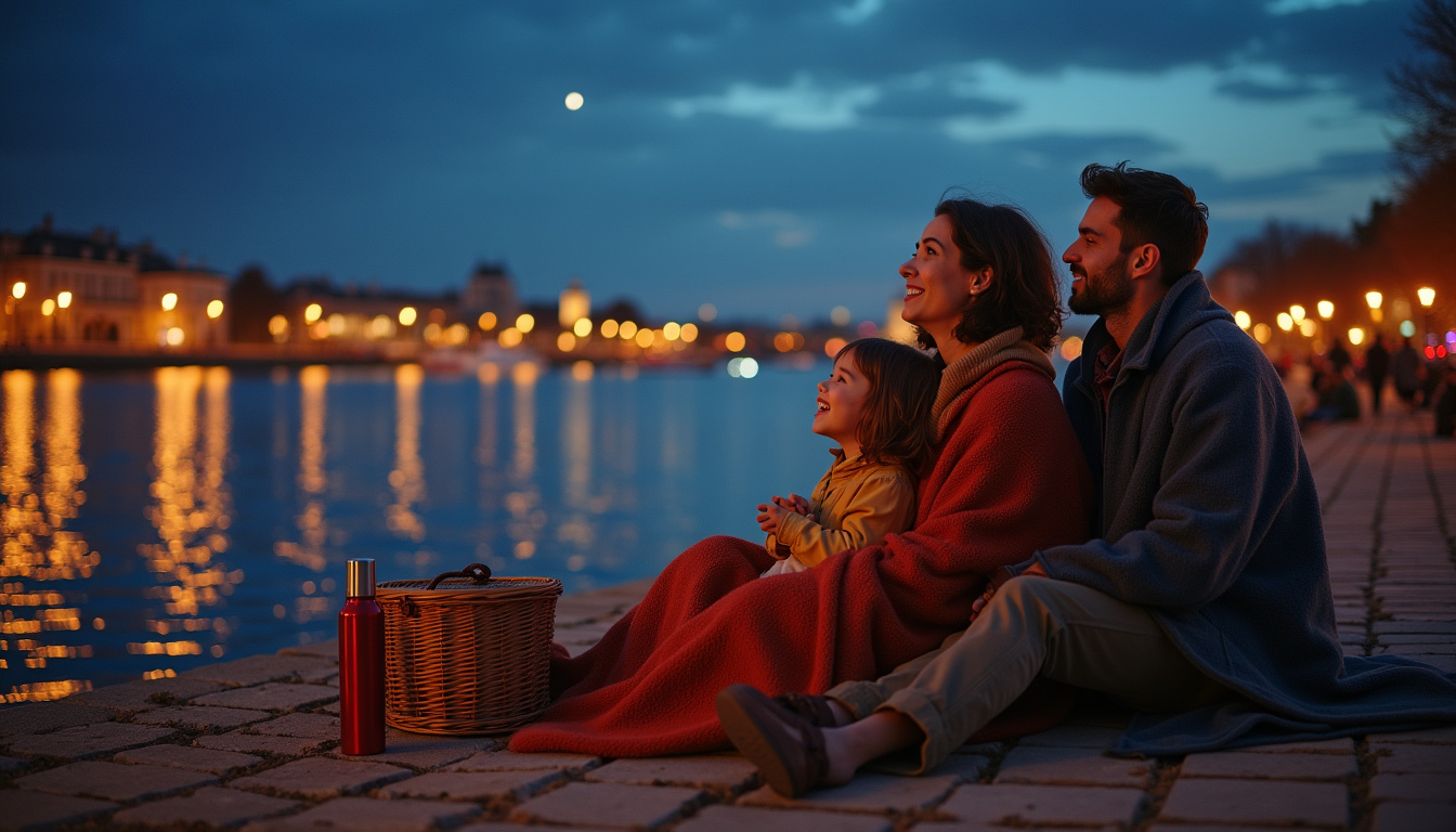 Famille installée sur un quai de Nantes, en train d’observer le ciel en attendant le début du feu d’artifice, ambiance conviviale et chaleureuse
